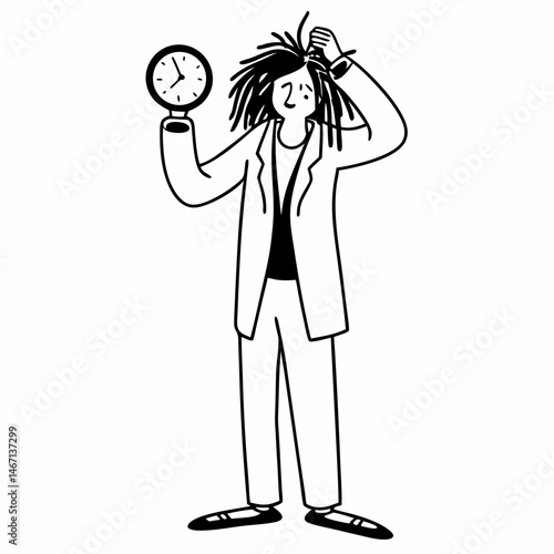 Employee working under pressure. Funny stressed young office worker with messy long hair holding clock, looking at wristwatch and panicking over missed deadline or being terribly late for work meeting