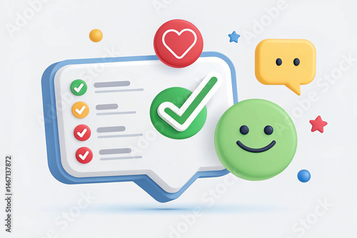 3D vector speech bubble with tick mark for photo gallery platform