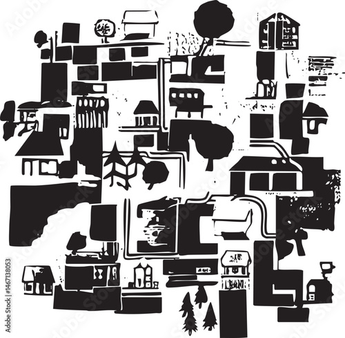 A collection of simple stylized houses forms a dense cityscape.