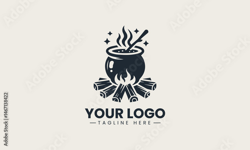 Silhouette of black cauldron bubbling on fire in simple vector logo illustration design
