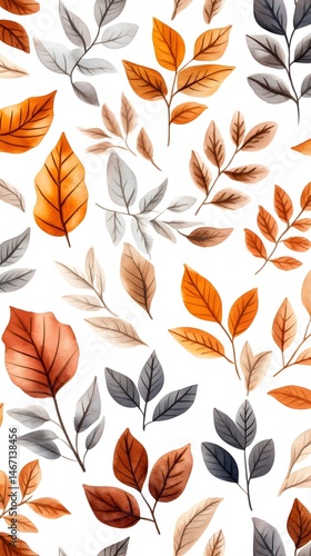 Autumnal leaf watercolor pattern, various shades of orange, brown, and gray leaves on white background