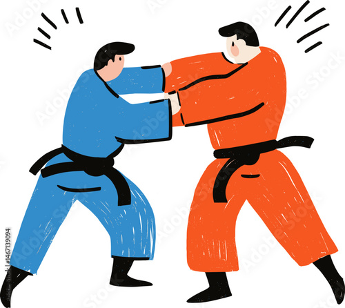 Two martial artists engaged in a spirited sparring match in a dojo during training cartoon isolated on transparent background. Vector illustration.