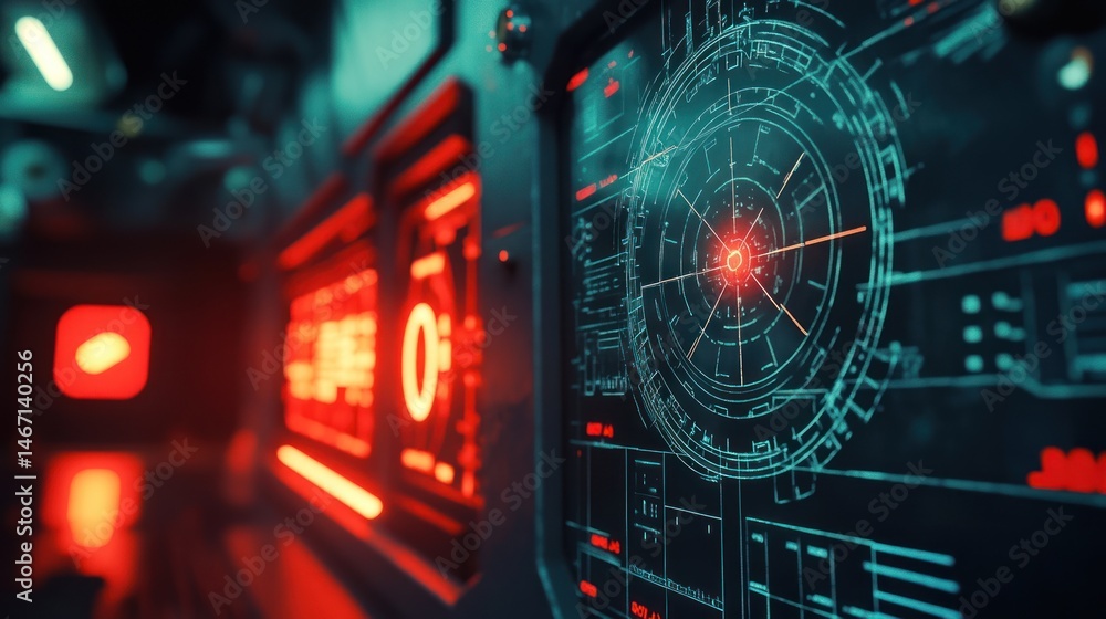 Obraz premium Futuristic spaceship control panel with red and blue digital displays and targeting system.