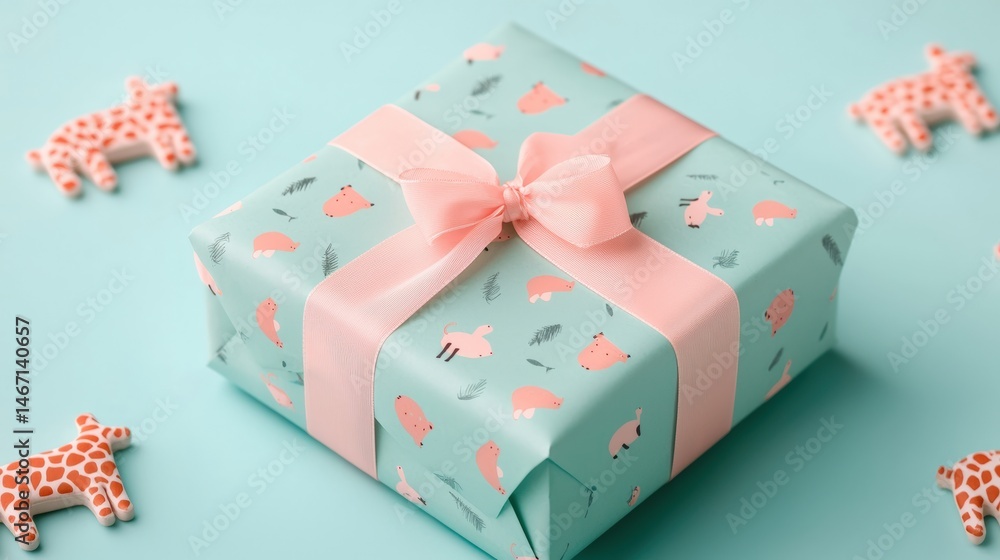 Obraz premium A pastel-wrapped gift box with animal-themed paper and a pink ribbon, surrounded by cute giraffe toys on a mint-green background.