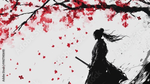 Japanese Warrior Standing Beneath Cherry Blossoms - Standard 6x