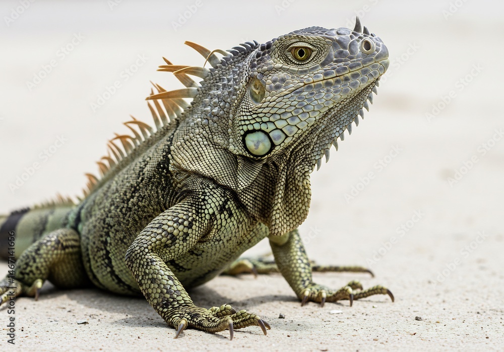 Fototapeta premium Iguane vert reposant sable clair luminescence douce