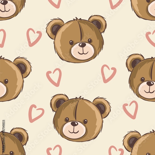 Seamless pattern with cute bear faces and pink hearts on cream background. Vector illustration