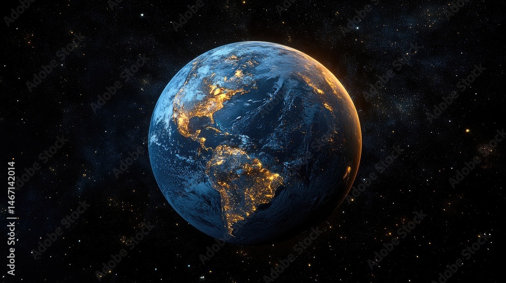 Fototapeta premium A satellite view of Earth at night, highlighting the eastern United States and parts of Central America and the Caribbean.