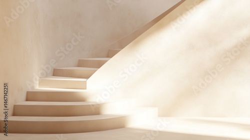Sunlit beige curved staircase in minimalist interior.