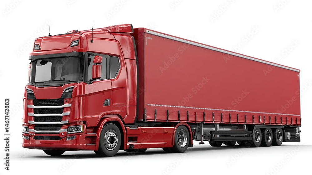 Red semi, truck with large trailer isolated on white background, concept of logistics and commercial freight transportation Red semi, truck with large trailer isolated on white background, concept of logistics and commercial freight transportation