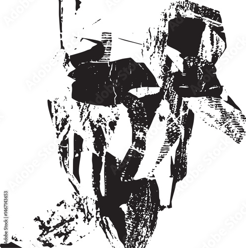 A fragmented abstract portrait reveals a textured face with sharp angles.
