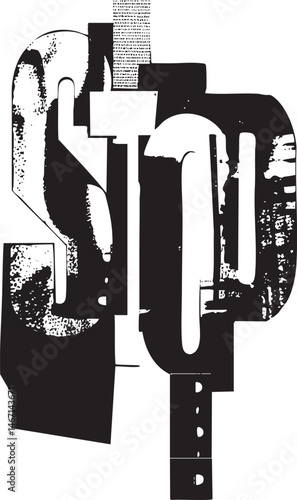 A stark fragmented black and white composition presents overlapping geometric shapes forming the letter 'S'.