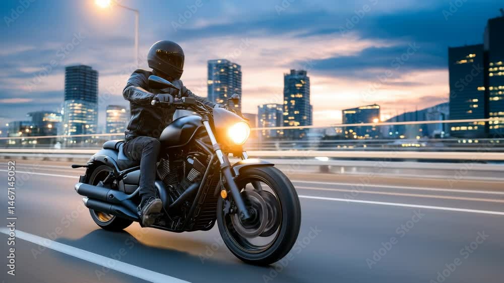 Motorcyclist on a Cruiser Motorcycle Rides Through a City at Sunset, Embracing Freedom and Adventure Motorcyclist on a Cruiser Motorcycle Rides Through a City at Sunset, Embracing Freedom and Adventure