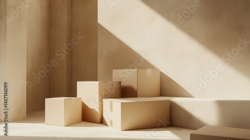 Cardboard boxes in sunlit minimalist room.
