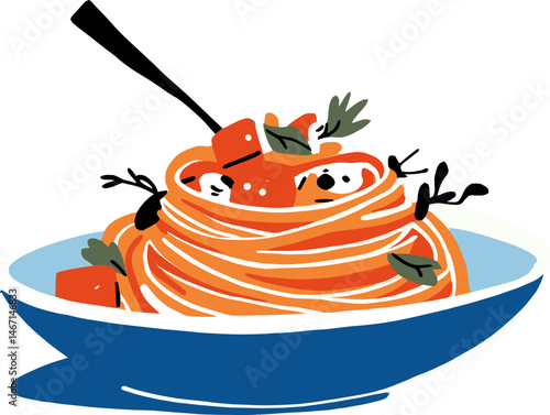 Delicious spaghetti served in a blue bowl with fresh herbs and vegetables cartoon isolated on transparent background. Vector illustration.