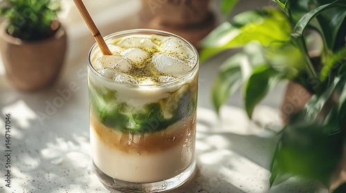 Iced matcha latte in glass
