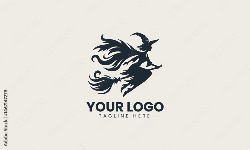 Silhouette of witch flying on broom across full moon in dramatic vector logo illustration design Silhouette of witch flying on broom across full moon in dramatic vector logo illustration design