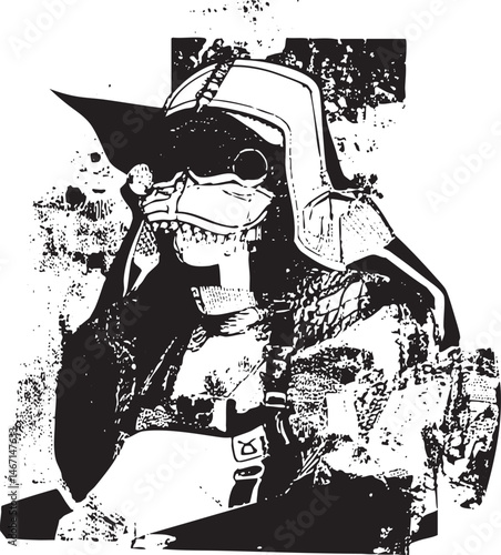 A stylized pirate figure with a feathered hat and eye patch peers intensely forward.