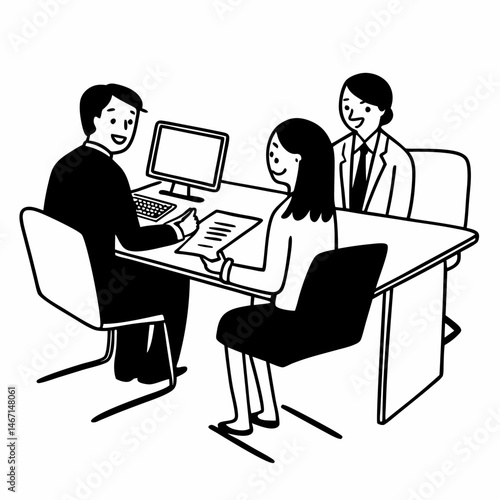 Happy future house buyers meeting real estate agent. Professional realtor talking to clients and offering flats options on computer. Smiling couple consulting bank worker or loan broker at her office