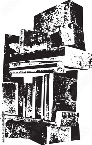 Abstract geometric structures rise vertically against a textured background.