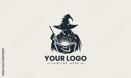 

Silhouette of mysterious wizard holding glowing staff and reading a spellbook in vector logo illustration design
