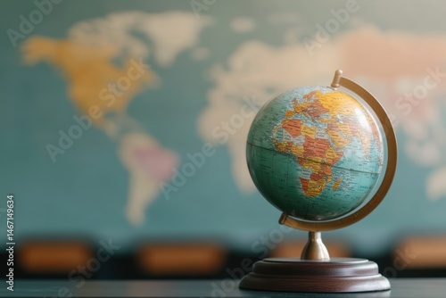 Global globe and world map illustrate Earth's geography, encouraging international travel, education, and exploration to discover physical features of planet for worldwide learning.