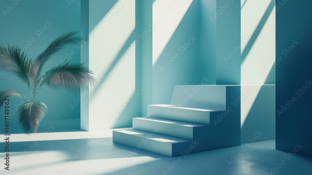 Minimalist light blue room with stairs, plant, and sunbeams.