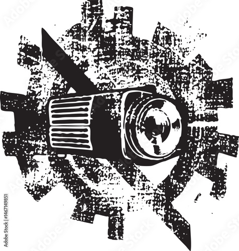 A close-up view of a camera lens surrounded by interlocking gears.