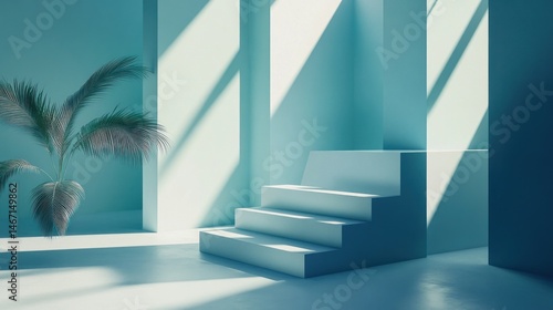 Minimalist light blue room with stairs, plant, and sunbeams.