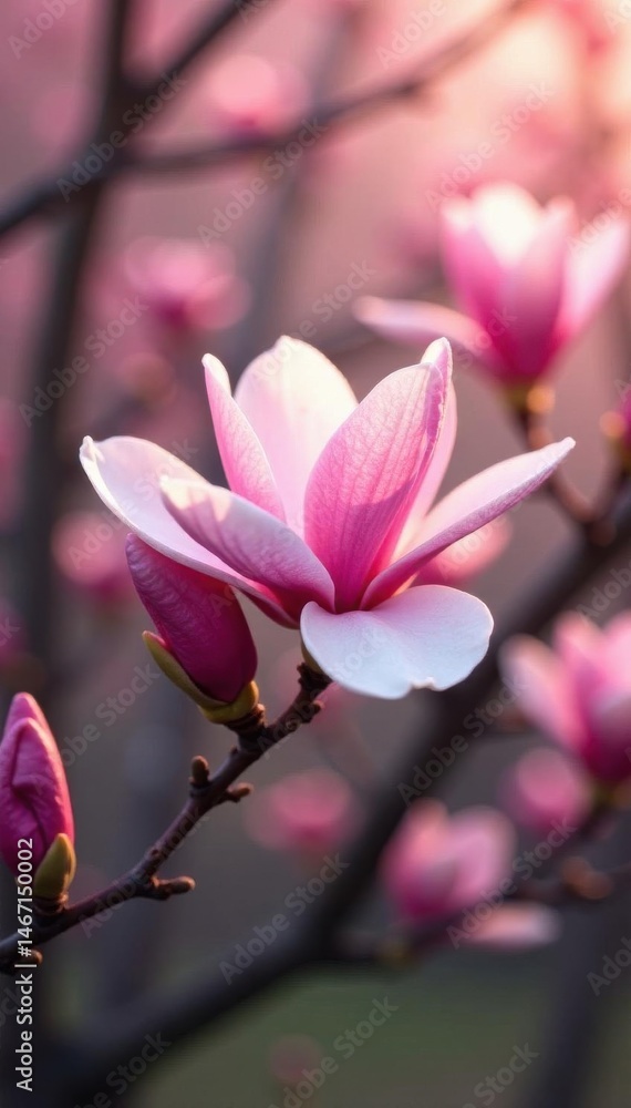 Pink magnolia flower branch, soft light, springtime setting , branch, elegant, flora Pink magnolia flower branch, soft light, springtime setting , branch, elegant, flora