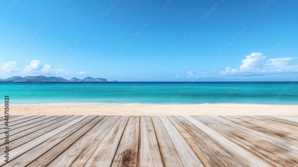 Tropical beach with turquoise sea and soft sand features wooden deck on island, perfect for summer vacation, holiday, and paradise travel by the ocean Tropical beach with turquoise sea and soft sand features wooden deck on island, perfect for summer vacation, holiday, and paradise travel by the ocean
