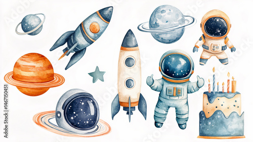 Fototapeta Naklejka Na Ścianę i Meble -  Cute watercolor space birthday set with rockets, astronauts, planets, stars, and cake in soft blue tones, perfect for boys' party decor. Generative AI