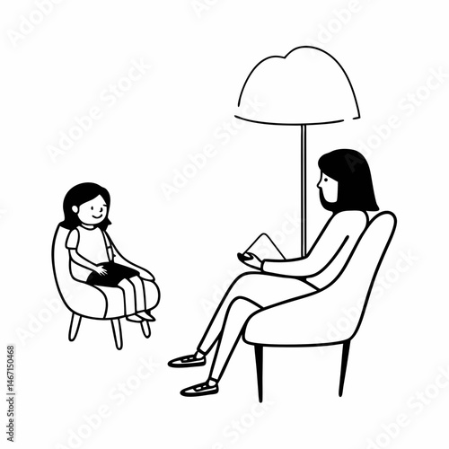 Happy little girl telling story to child psychologist during therapy session in cozy modern office
