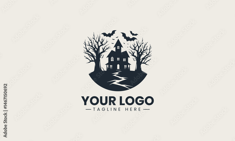 Silhouette of spooky haunted house on a hill with flying bats and leafless trees vector logo illustration Silhouette of spooky haunted house on a hill with flying bats and leafless trees vector logo illustration