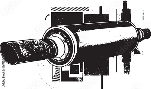 A weathered metallic cylinder dominates the composition partially obscured by geometric shapes.
