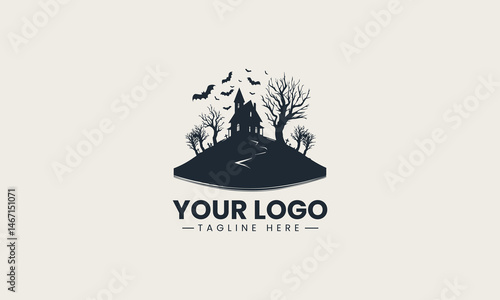 Eerie haunted mansion silhouette on hilltop with bats and trees in spooky vector logo design