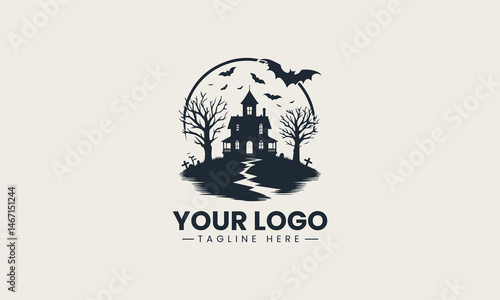 Eerie haunted mansion silhouette on hilltop with bats and trees in spooky vector logo design