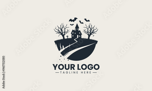 Silhouette of haunted mansion on a hill with bats and bare trees in eerie vector logo illustration design