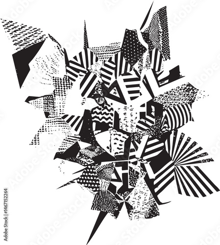 A dynamic fragmented geometric composed of intersecting black and white shapes.