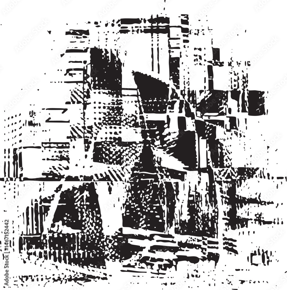 A fragmented textured black and white cityscape rises vertically. A fragmented textured black and white cityscape rises vertically.