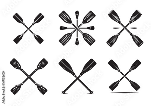 Crossed Rowing Oars Silhouette Vector Set