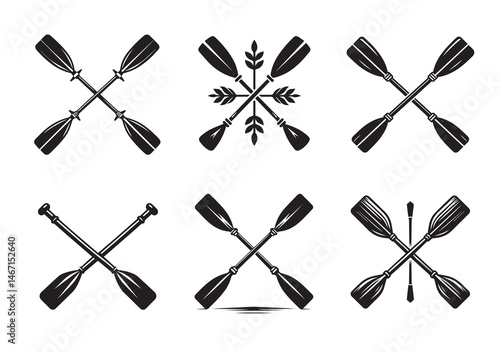Crossed Rowing Oars Silhouette Vector Set