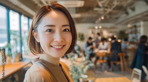 賑やかなカフェで満面の笑みの女性客