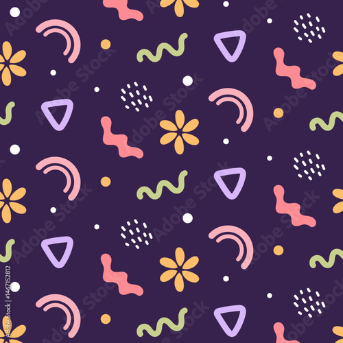 Seamless vector pattern in Memphis style with playful abstract shapes, squiggles, flowers, and geometric elements on a dark purple background. Ideal for textile prints, stationery, packaging