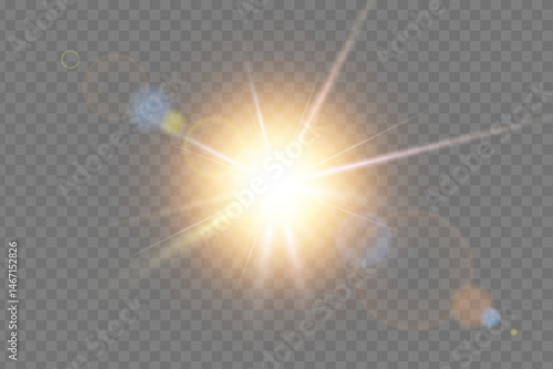 Bright sunburst with glowing rays and golden shine. Abstract sunlight effect with sparkling glare. Ideal for summer, nature and weather designs. Vector illustration.