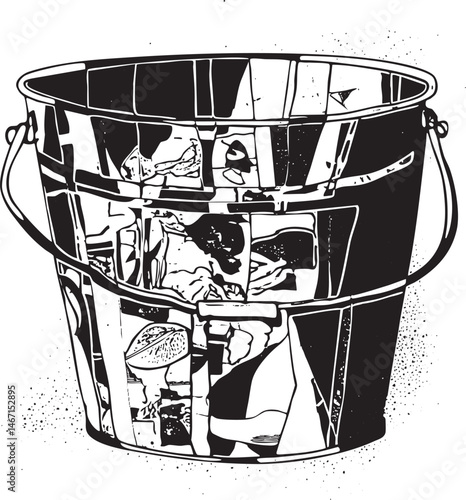 A black bucket overflows with a collection of diverse miniature figures.