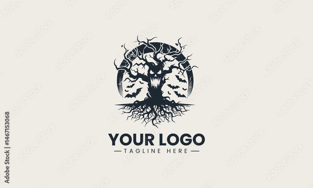 Dark twisted tree with creepy face in silhouette style vector logo illustration design Dark twisted tree with creepy face in silhouette style vector logo illustration design