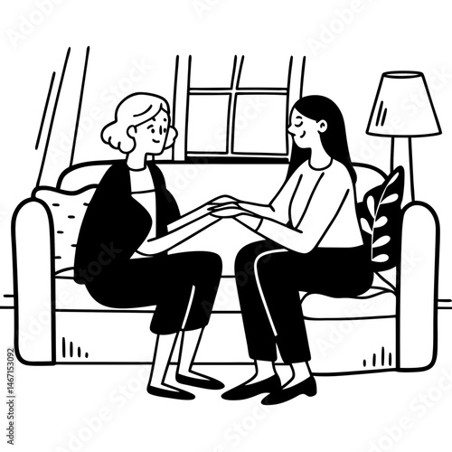 Happy senior mother and young grown-up daughter sitting on sofa at home, holding hands, talking and looking at each other. Family values, helping elderly relative, love, support, mutual understanding