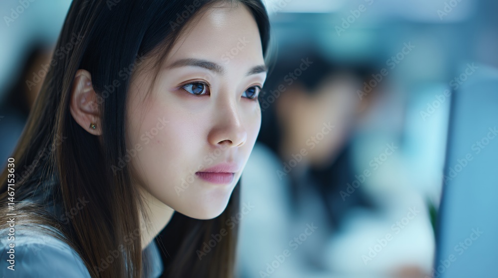 Fototapeta premium 暗い部屋でモニターを凝視する女性の顔