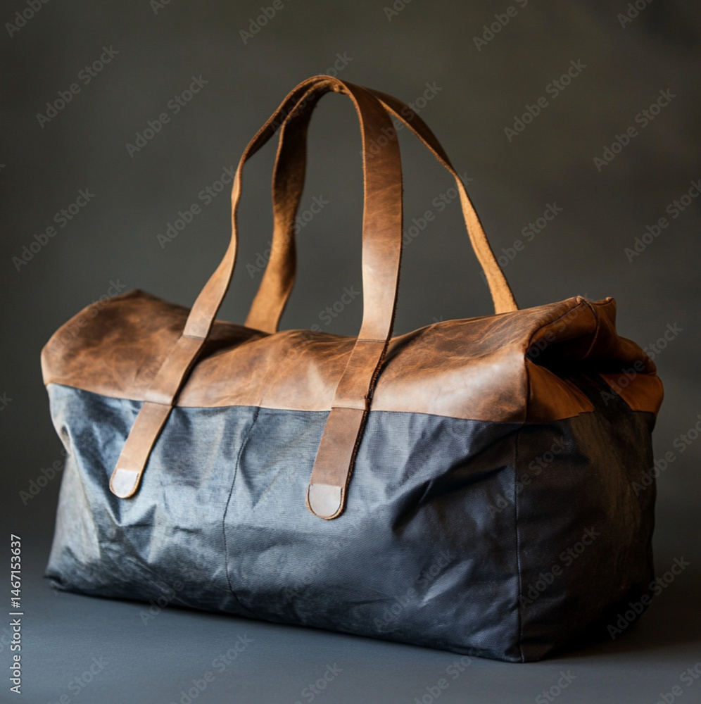 a nylon packable foldable duffle bag in a leather pouch